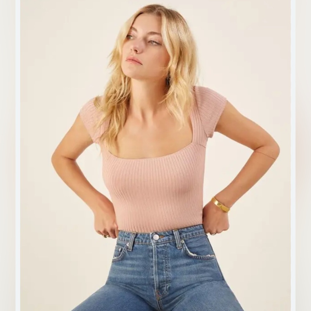 Reformation Pink Ribbed Cap Sleeve Blouse